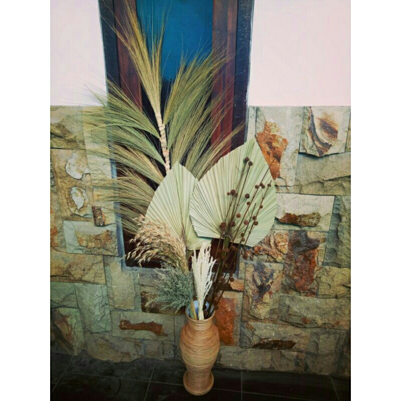 set bunga kering rayung stik dan vas 40cm dekorasi rustik