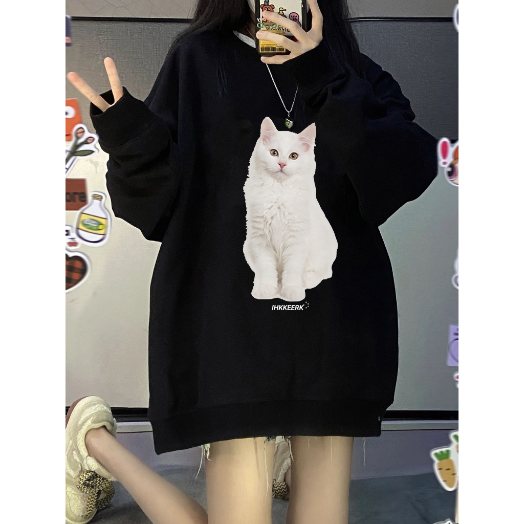 EUNII Sweater Lengan Panjang Cartoon Putih Cat Printing Korean Style/Sweater Crop/Baju Wanita/Switer Wanita/Switer