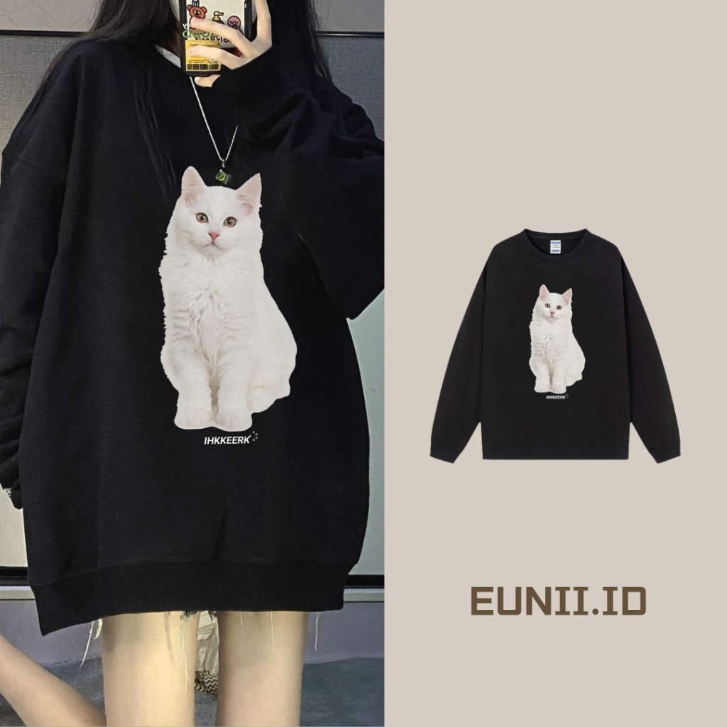 EUNII Sweater Lengan Panjang Cartoon Putih Cat Printing Korean Style/Sweater Crop/Baju Wanita/Switer Wanita/Switer