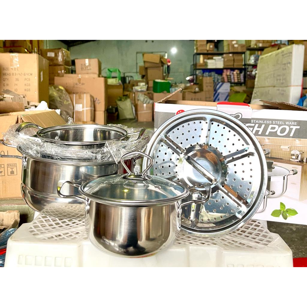 New Panci Set Hight Pot Stainless Steel Tebal - Panci Set Steamer Dengan Tutup Kaca Tebal - Panci 16/18/20/22/24CM Serbaguna