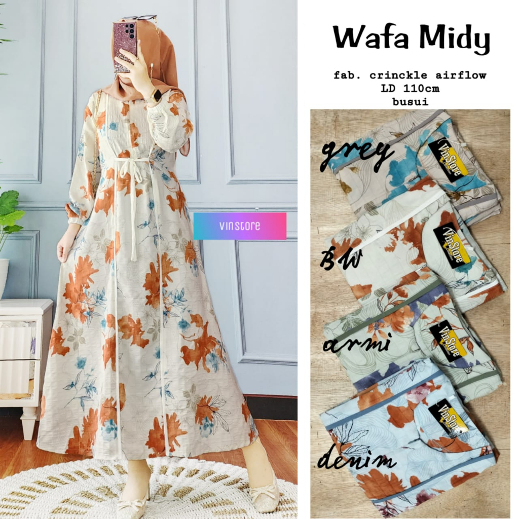 Gamis Wafa Midi Dress Bahan Crinkle Airflow Motif Bunga Long Dress Muslimah Size XL Ld 110 Busui Friendly