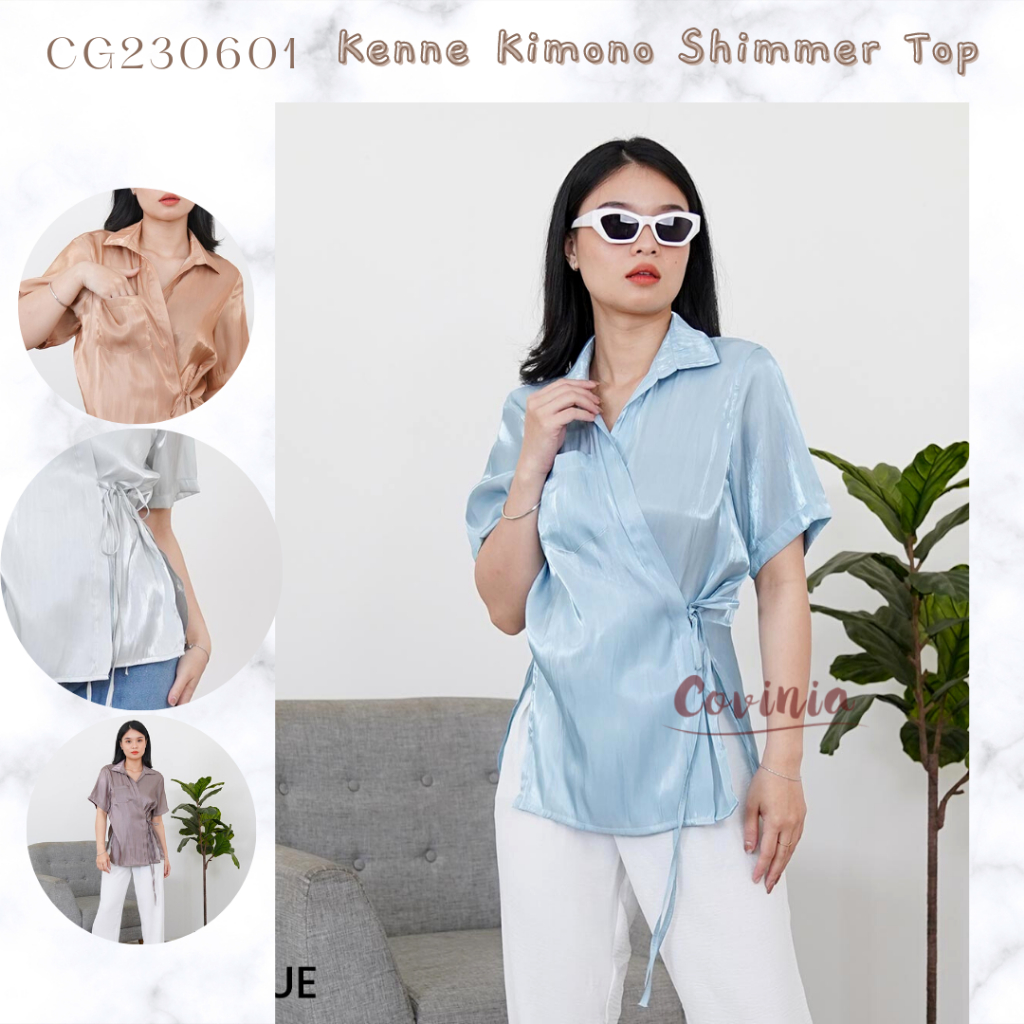Kenne Kimono Shimmer Top Blouse Berkerah Wanita Tied Atasan Wanita Kenanga Hologram Shimer Kemeja V 