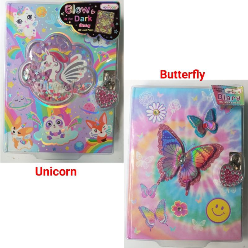 

Buku Diary With Lock & Keys Glow In The Dark Unicorn Butterfly