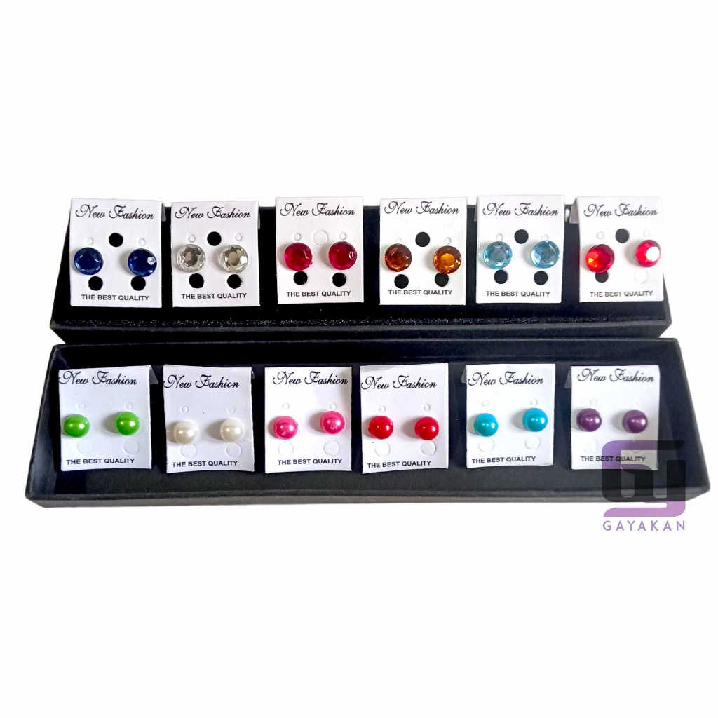 1 Lusin Sepasang (12 Set) Anting Tusuk Plastik Mote Mutiara Multiwarna