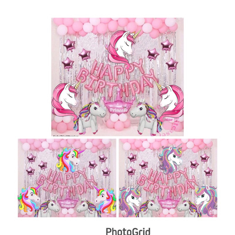 Set balon pink happy birthday pink premium ultah anak unicorn pony