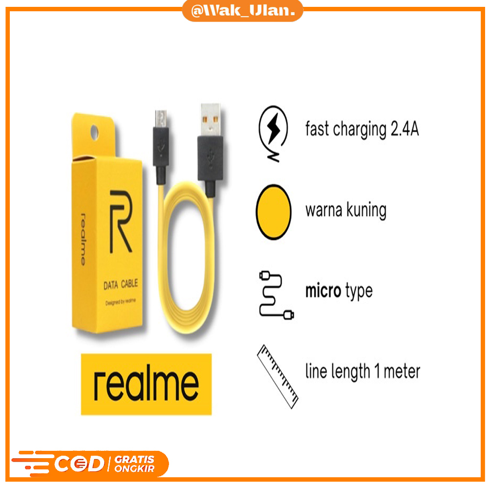 Kabel Data Realme Micro USB Cable Usb MICRO Andorid V8 Warna Kuning Packing Kecil Fast Charger 1 Meter