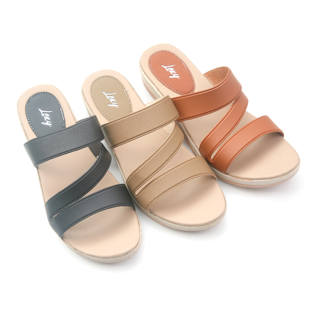 Lexy Sandal Wanita Tali Kulit Selop Sendal Cewe Casual Slip On