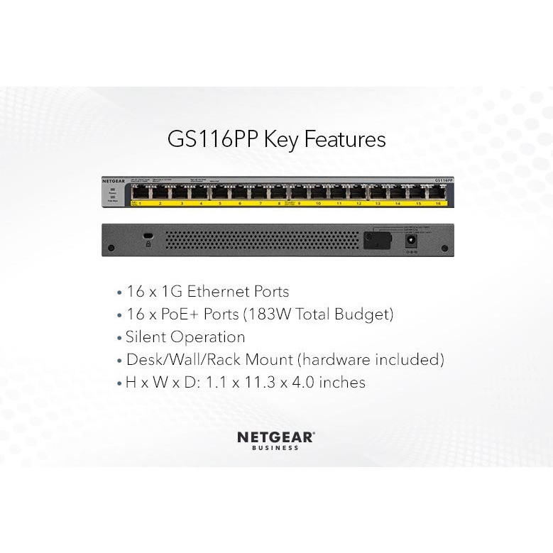 Netgear GS116PP 16 Port Gigabit PoE+ Unmanaged Switch GS 116PP