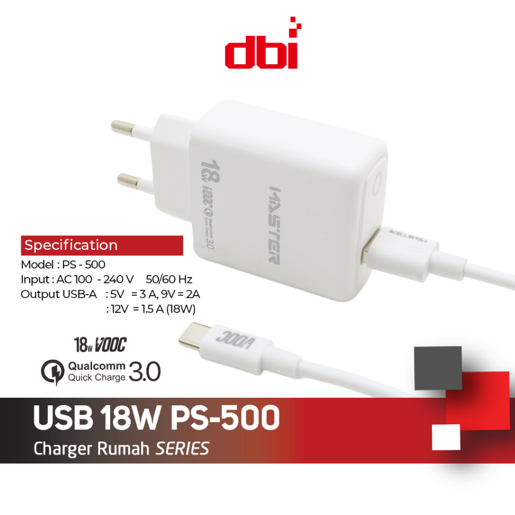 [NEW] Adaptor Charger Fast Charger 4A MASTER 18W PS-500 Fullset Type C Micro USB Support OPPO Xiaomi Samsung Huawei VIVO IPhone