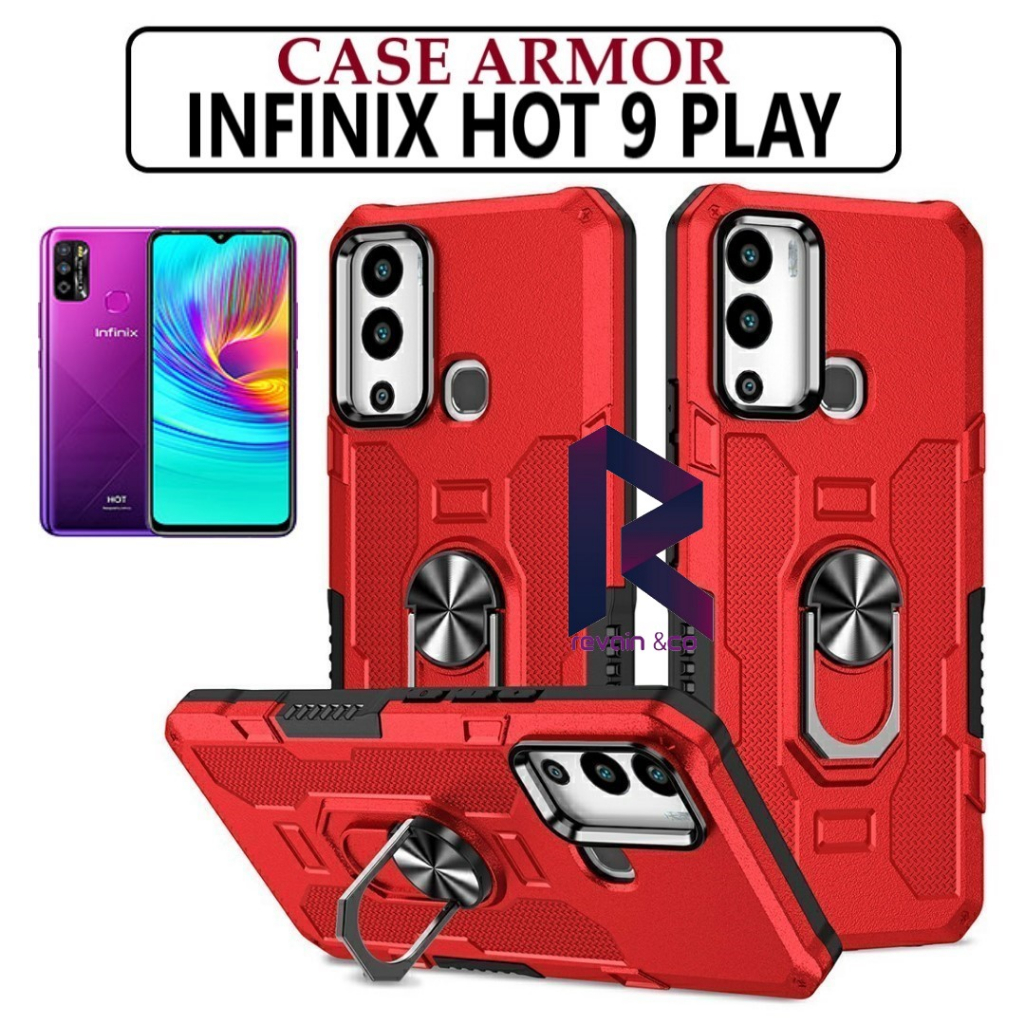 Case Armor INFINIX HOT 9 PLAY Iring Cincin Magnetic Kesing Hp Protect kamera Premium Hard Case Standing Robot Pelindung Kamera