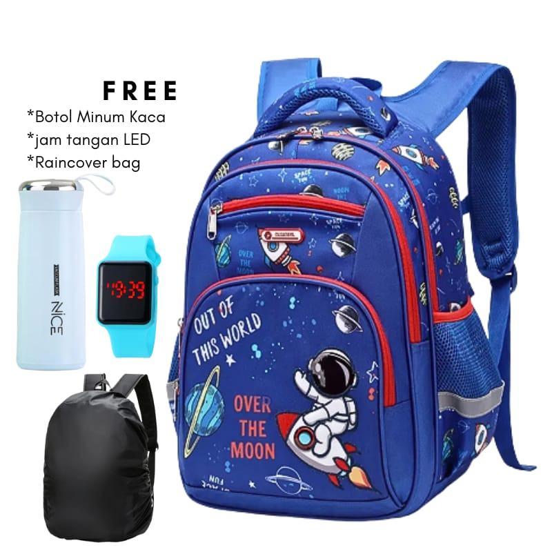 Tas Ransel Sekolah Anak Laki-laki Terbaru Motif Astronot Backpack Sekolah Laki laki Free Botol Minum Free Jam tangan Free Raincover New arrival