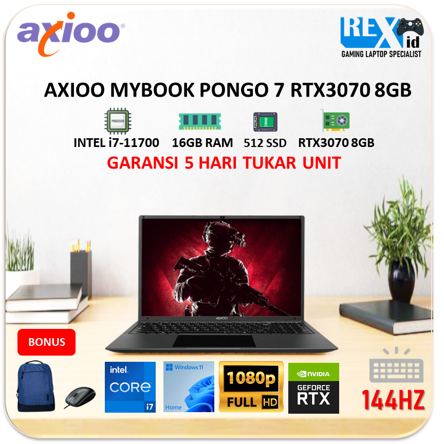 AXIOO MYBOOK PONGO 7 RTX3070 8GB (i7 11700 16gb 512ssd W11 16.1inch FHD 144hz RGB BLIT)