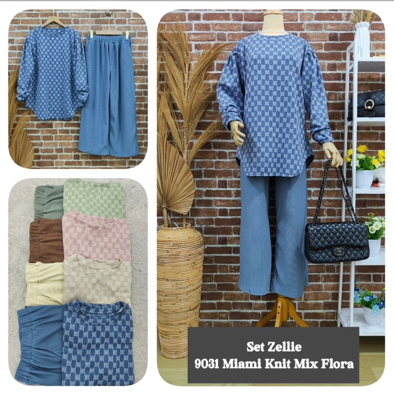 set zallie kaos knit miami merk clarke motif setelan celana wanita setcel wanita