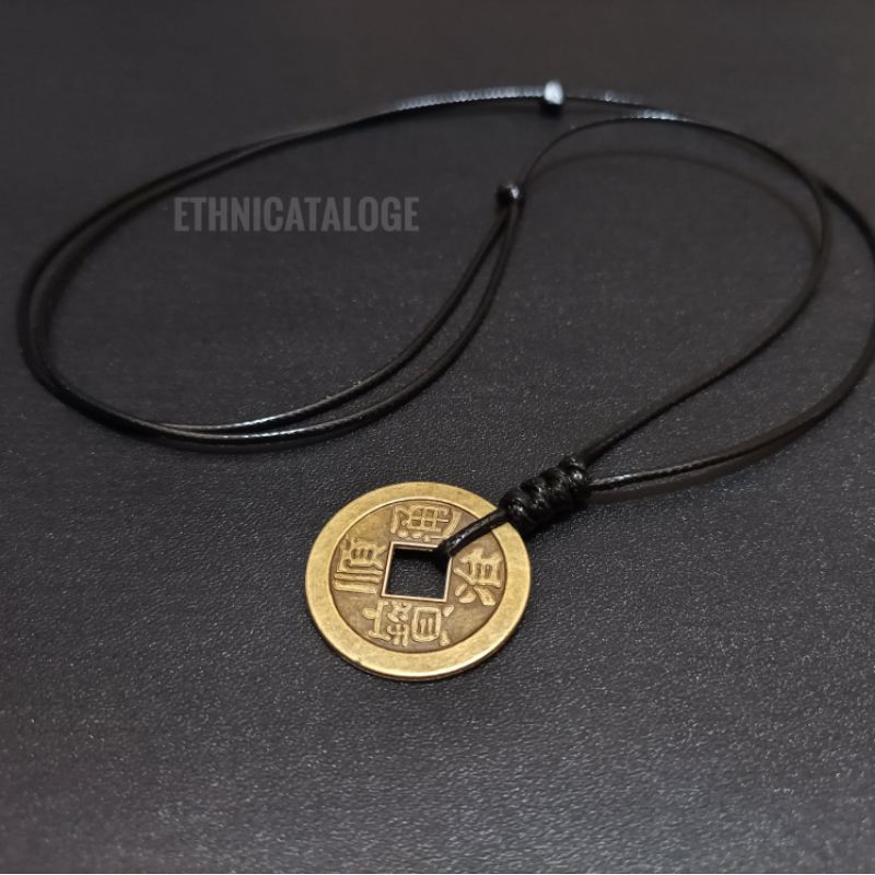 kalung tali hitam liontin koin China besi bronze ukuran besar 2.8cm / Chinese coin necklace rope