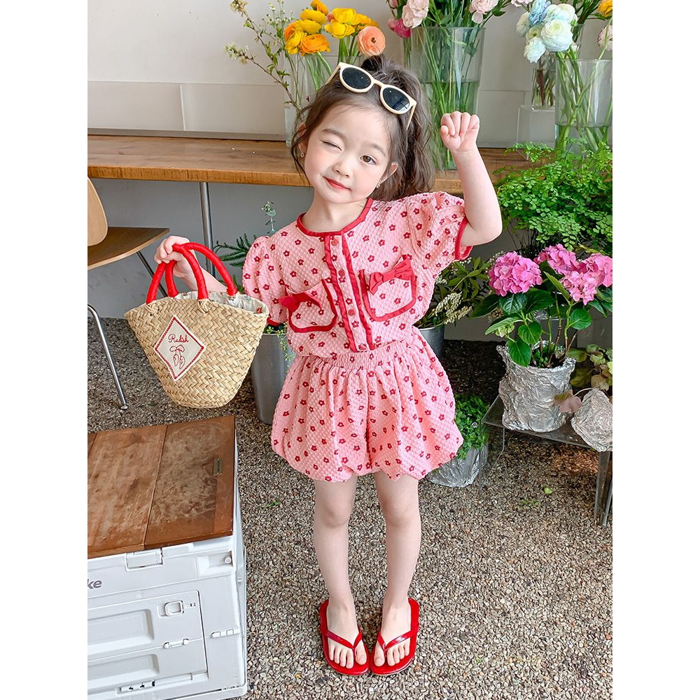 (LOLI-JKT) BS- 462 SETELAN ANAK IMPORT MERAH PITA SAKU SIZE 100-140