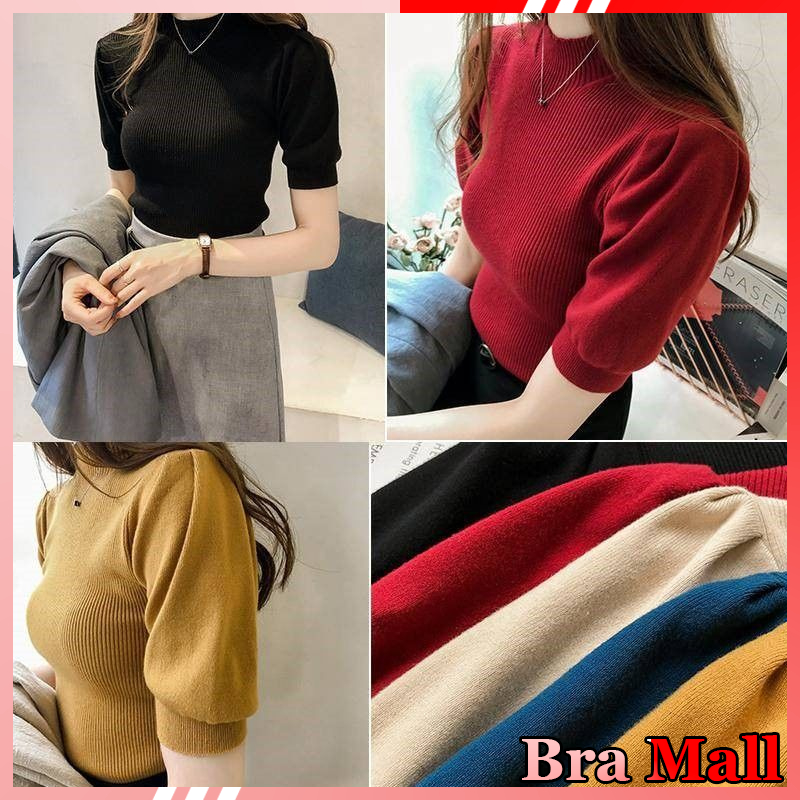 【 Bra Mall 】BJ-025 Kaos Rajut Turtleneck Lengan Pendek Premium Import | Atasan Rajut Wanita Turtleneck Impor Lengan Pendek Adem