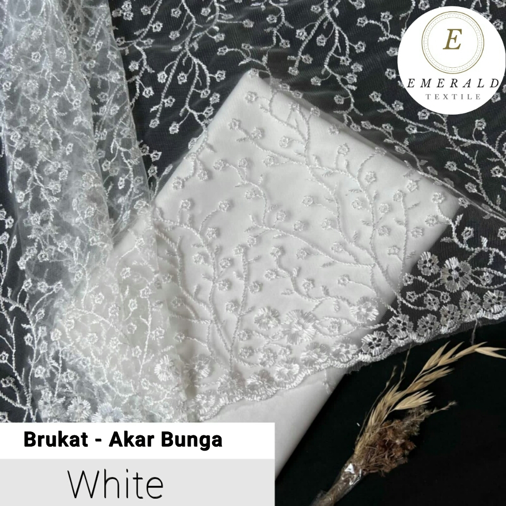 ETENGAH METER Kain Brukat Tile Prancis Premium Bahan Kebaya Motif Akar Bunga - White ( HARGA PER 50cm KAIN )