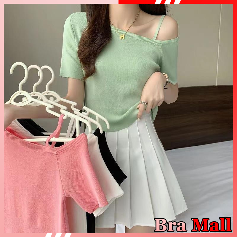 【 Bra Mall 】BJ-029 Rajut Atasan import Wanita Gaya Korea Lengan Pendek Salur Rajut Kaos Wanita Bahan Icy Silk