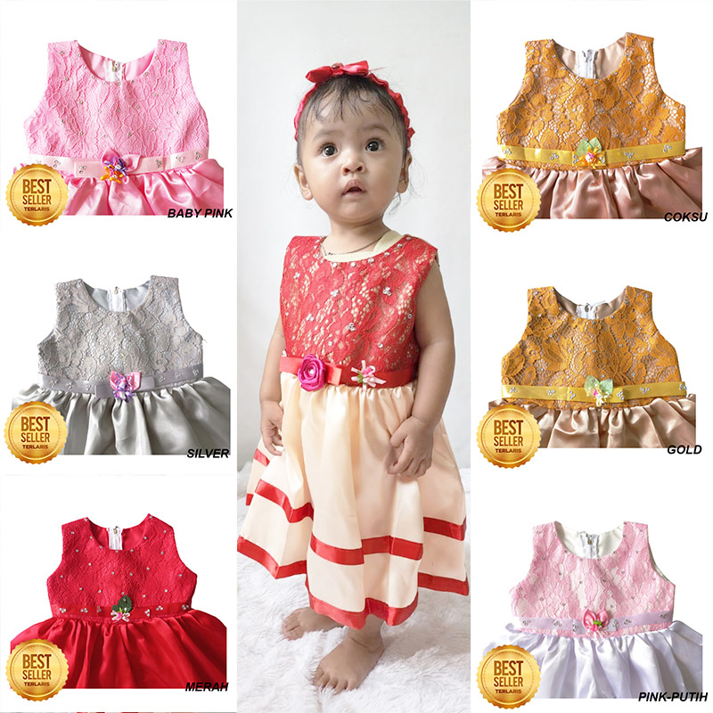 Dress Brukat Anak Import 1 Tahun 2023 Terlaris Gaun Balita 18 Bulan Baju Bayi Warna Putih Akikah Baptis Warna Pink Merah KA112