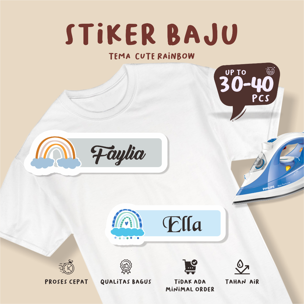 

(30-40pcs) printing Stiker Kain Label Baju Nama Anak tema CUTE RAINBOW/tiker baju lucu murah / Sablon Setrika Name /Label Sticker Iron on sticker a/ Kain