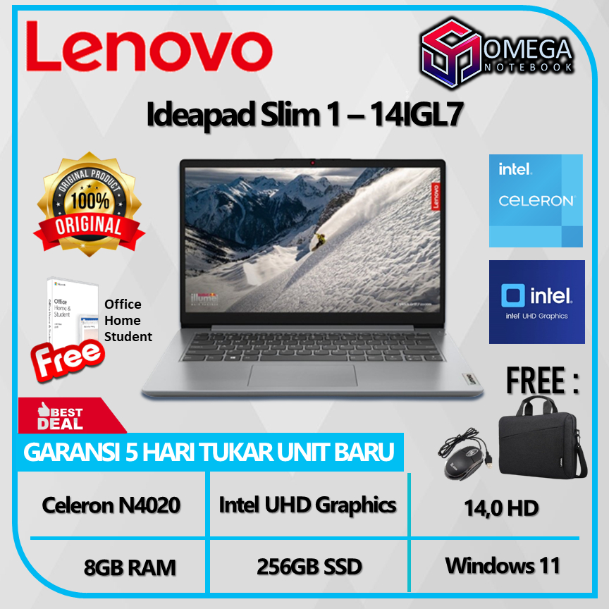 Lenovo Ideapad Slim 1 14IGL7 N4020 8GB 256GB UHD 14,0 Windows 11 + Office Original