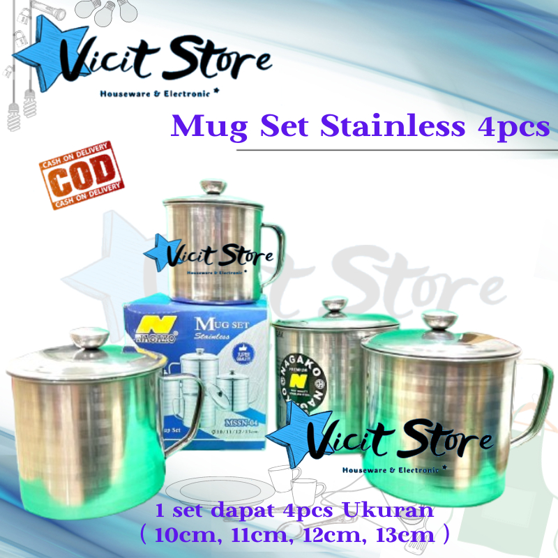 Mug Set Stainless 4pcs / Mug Set Kopi Harga Untuk 4pcs ( 10cm,11cm,12cm,13cm )
