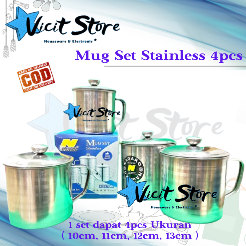 Mug Set Stainless 4pcs / Mug Set Kopi Harga Untuk 4pcs ( 10cm,11cm,12cm,13cm )