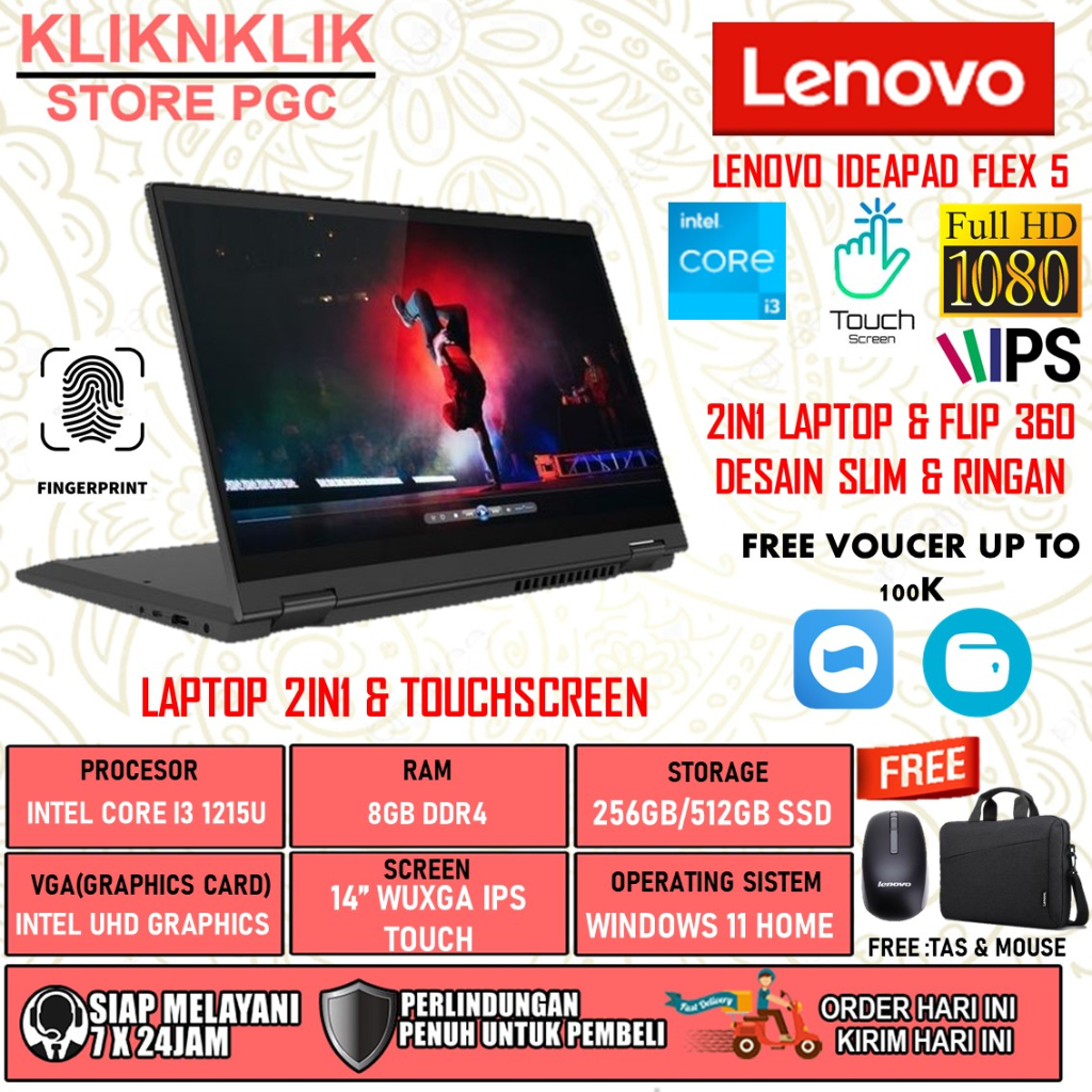 LAPTOP LENOVO IDEAPAD FLEX 5 INTEL CORE I3 1215U RAM 8GB 512GB SSD FHD IPS TOUCHSCREEN WINDOWS 11 HOME