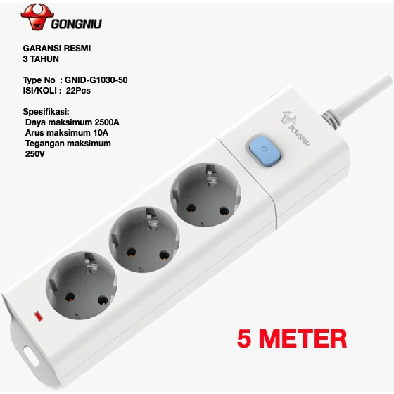 Stop Kontak Gongniu 3 Lubang G1030 Tombol On/Off ( Multi Switch ) Kabel1,5M/3M/5M