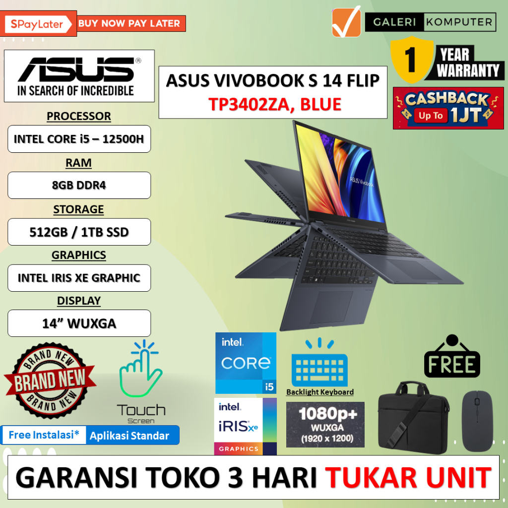 LAPTOP ASUS VIVOBOOK S 14 FLIP TP3402ZA INTEL I5 12500H 8GB 512GB 14&quot; WUXGA TOUCH WINDOWS 11 HOME ORIGINAL