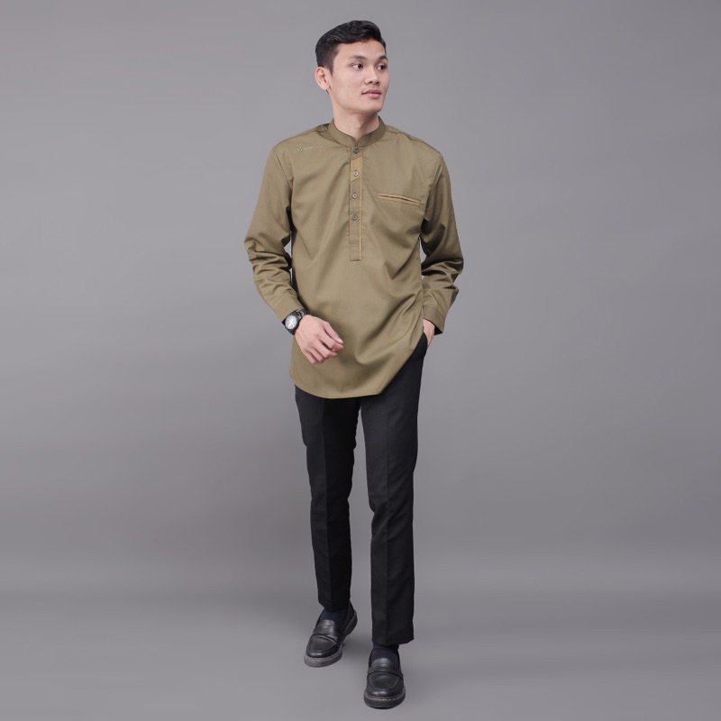 Kemeja Koko Pria Lengan Panjang Motif Abizaar Warna Olive