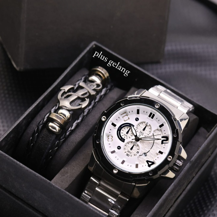 JAM TANGAN PRIA FASHION LS04 RANTAI + GELANG CHRONO VARIASI  FULL STAINLESS TANGGAL AKTIF