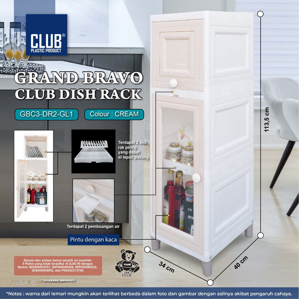 Rak piring plastik CLUB susun 3 GRAND BRAVO CLUB DISH RACK/ rak piring dapur pintu kaca minimalis