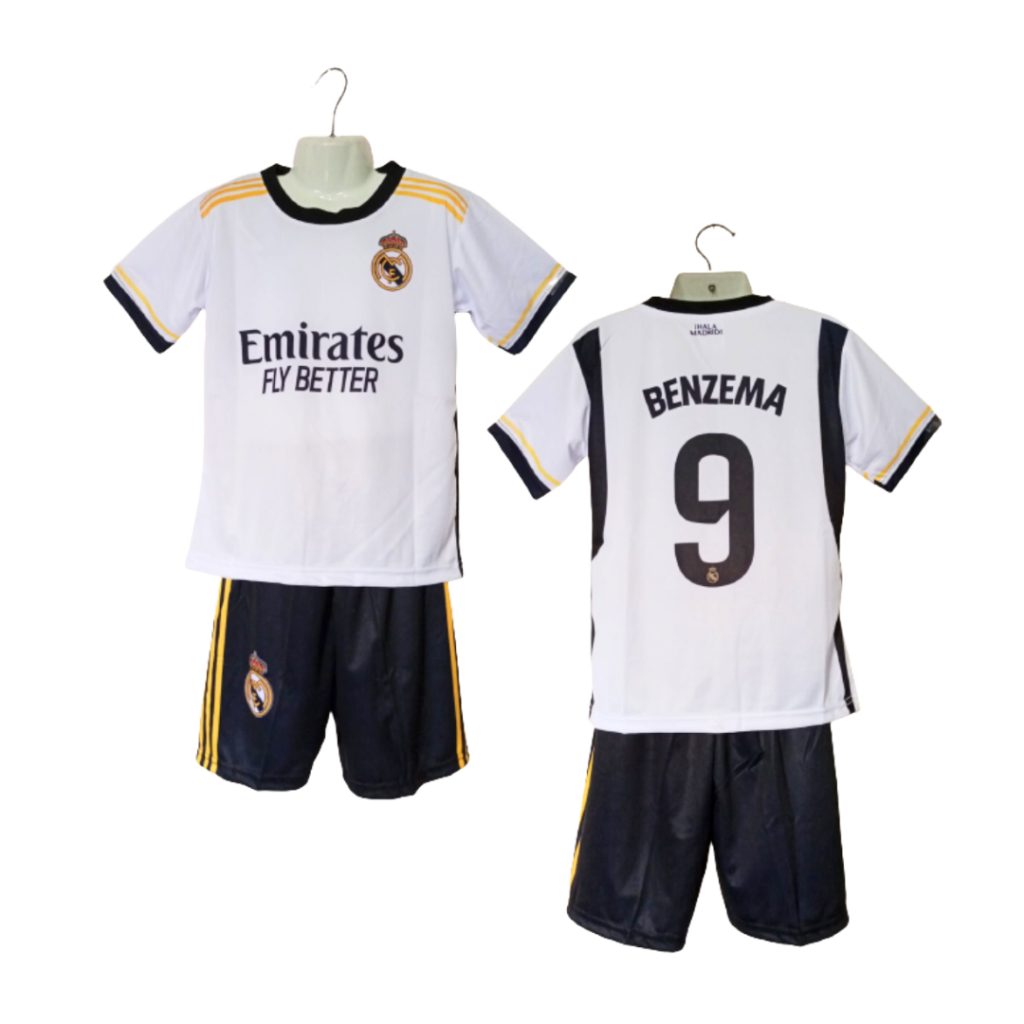 Kaos sepak bola anak jersey soccer club baju dan celana setelan t-shirt outfit jersy futsal seragam klub kostum olahraga pakaian apparel multi jersi sports real madrid benzema navy