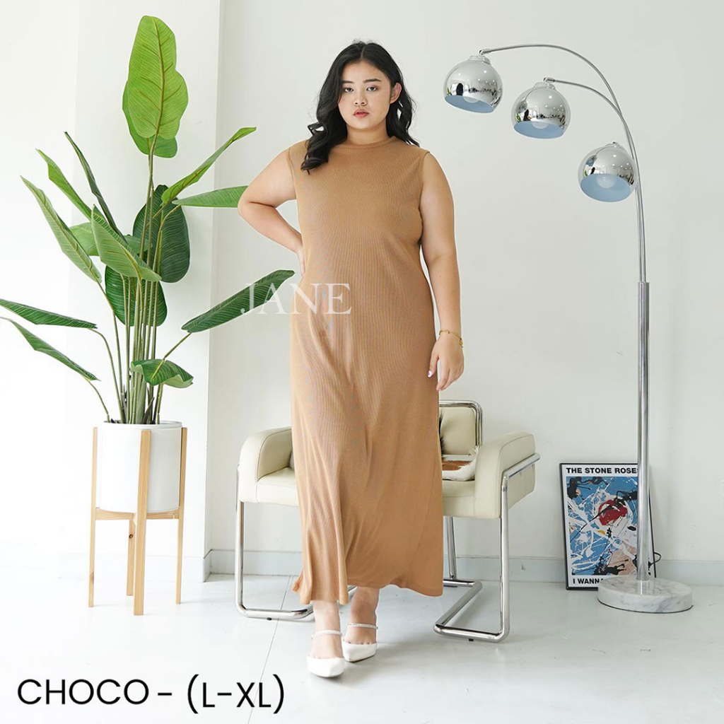 JANE COLLECTION || Long Dress Bodycon Hitam Inner Dress Maxi Panjang Ukuran Bigsize Jumbo M L XL Basic Dalaman Blazer Cardigan Hijab Muslim - Inner Dress Azeline Hitam Choco Krem