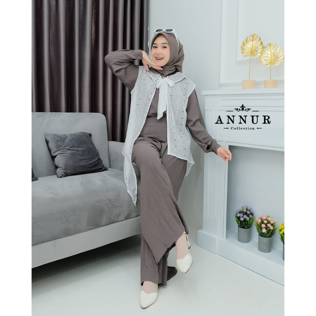 ONE SET SHANIN ANNUR OUTER BROKAT OUTFIT 3IN1 TERBARU KEKINIAN OOTD WANITA MUSLIM HITS BANGET