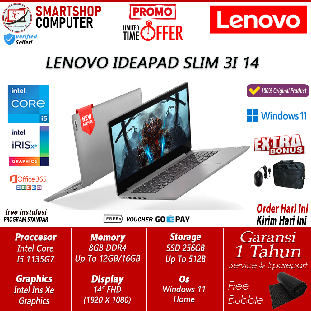 Laptop Murah LENOVO Ideapad Slim 3I 14 Core I5 1135G7 8GB 512GB IrisXe 14 FHD Win11