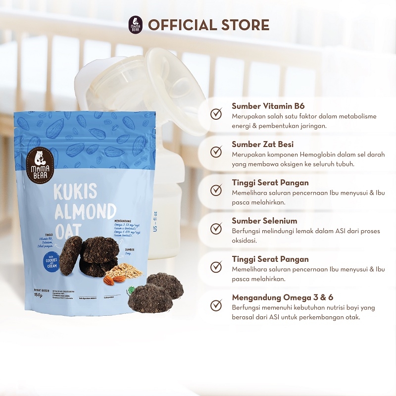 MamaBear Kukis Almond Oat rasa Cokelat Chip Cookies Cream Kurma 150gr | Pelancar ASI | ASI Booster