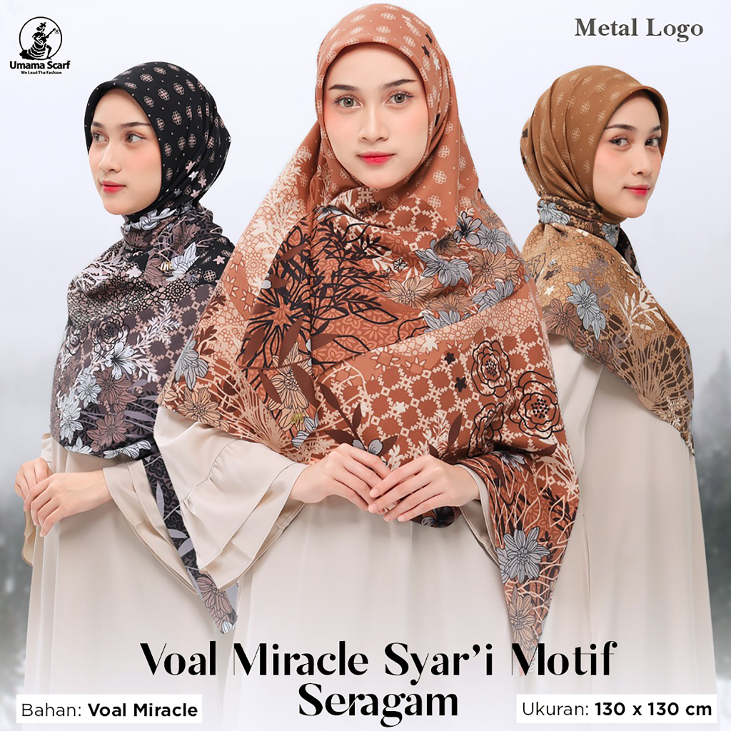 Jilbab Segiempat Syari VOAL Miracle Print Motif UMAMA LC 130 x 130 cm Seragaman metal logo bahan Cotton Voal PREMIUM original