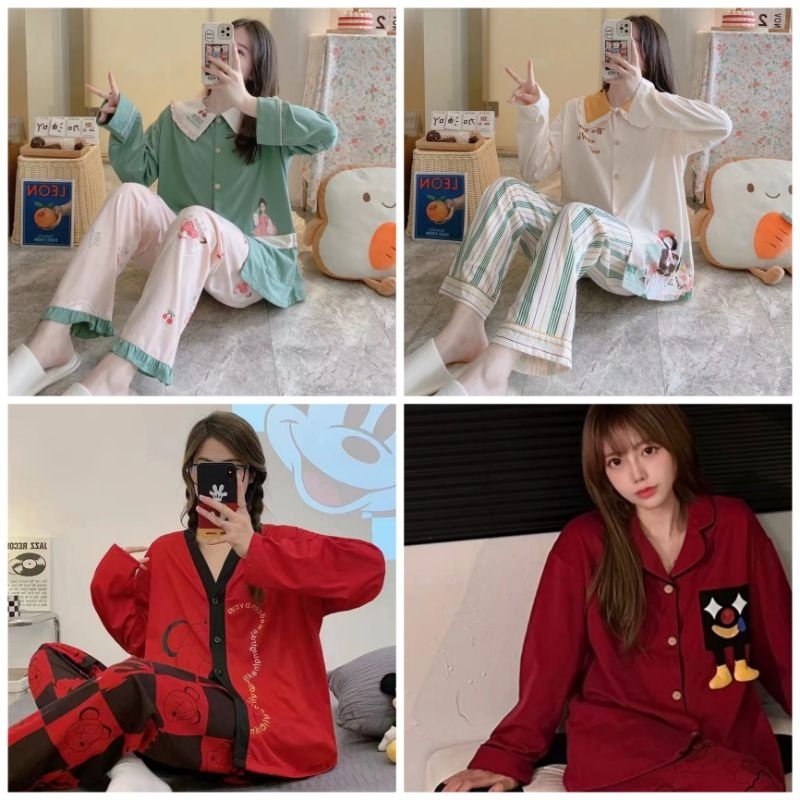 Baju tidur import setelan pp/Piyama wanita lengan panjang celana motif terbaru