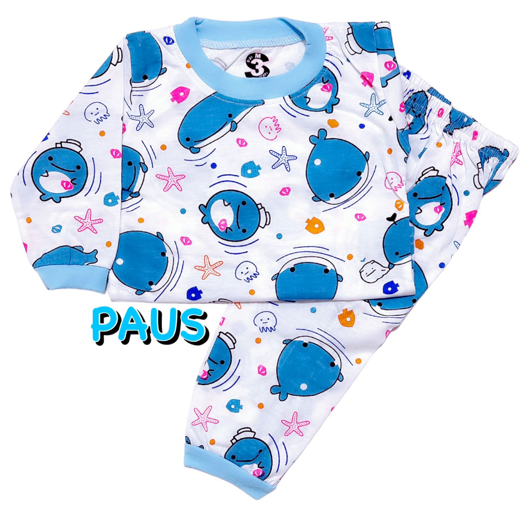 (1 KG MUAT 7 STEL) BAJU TIDUR ANAK KIDS LAKI-LAKI/COWOK SETELAN/STELAN BAHAN KAOS KATUN COMBED 1-4 TAHUN IKAN PAUS/WHALE