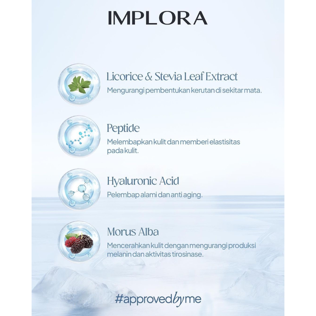 IMPLORA Crystalice Eye Serum Indonesia / Serum Mata 20ml / Stevia Leaf Extract Sodium Hyaluronate Peptide Morus Alba / Mencerahkan Mata Panda Menyamarkan Kerutan Garis Lingkar Hitam Halus Anti Aging Penuaan Dini / Skincare Eyes Care Series / Treatment