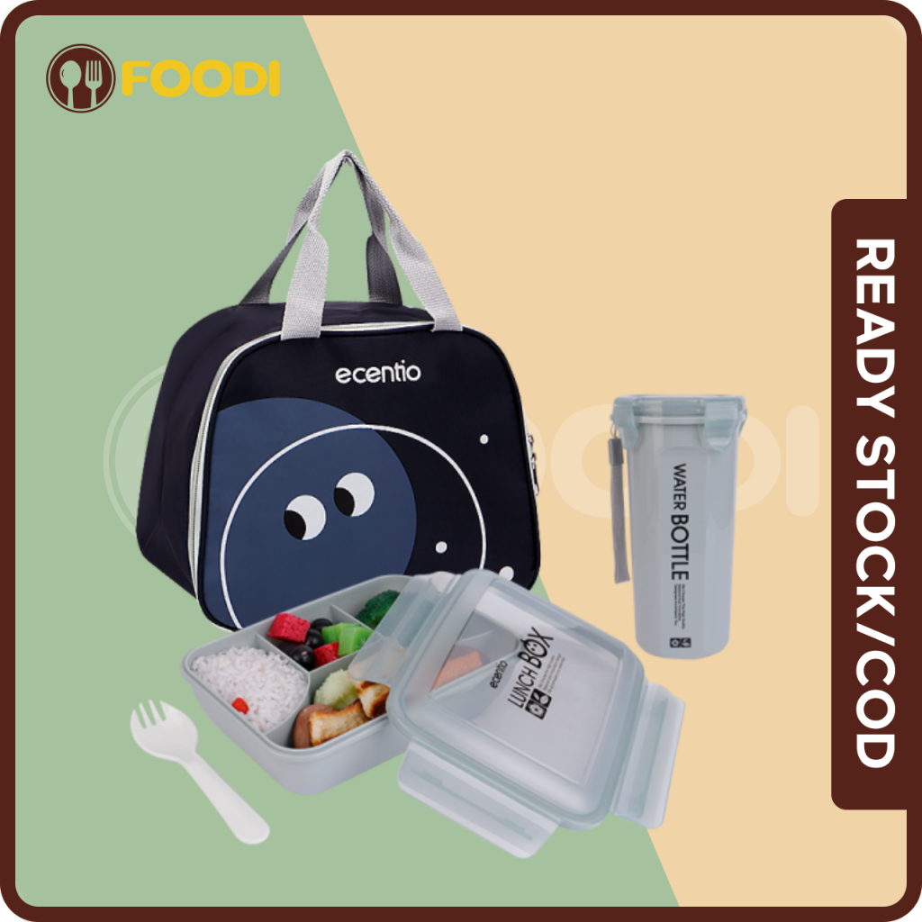 ecentio &amp; FOODI  lunch box anak 4 Sekat 1100ml set botol tumbler minum 500ml piknik karakter tas bekal makanan Alumunium 3pcs/Free Sendok/BPA free