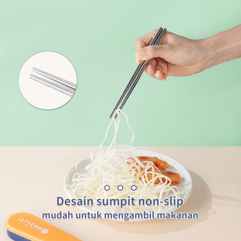 Letyeah &amp; Kaizenliving 3pcs Alat Makan dengan kotak sendok garpu sumpit / spoon fork chopsticks hijau/biru