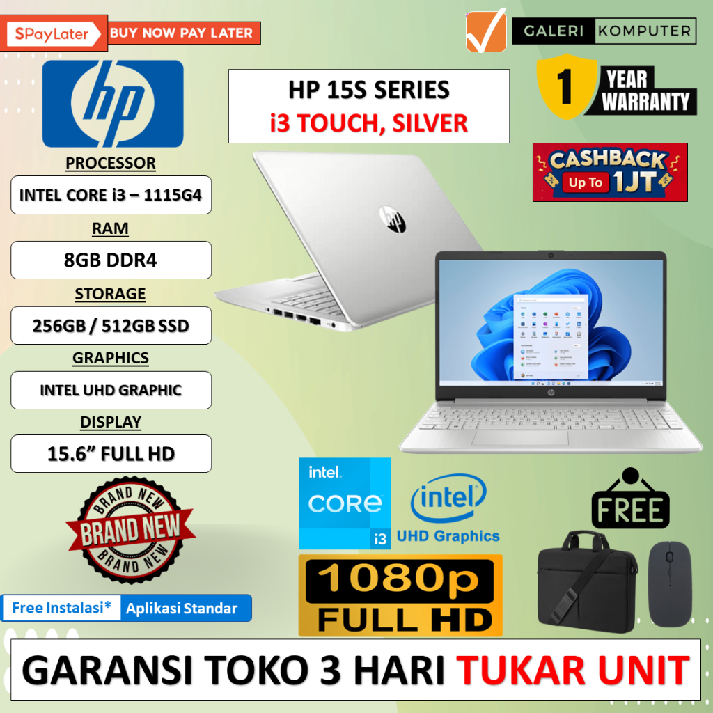 LAPTOP MURAH HP 15 INTEL I3 1115G4 8GB 256GB 15.6 FHD FP WINDOWS 11 HOME ORIGINAL