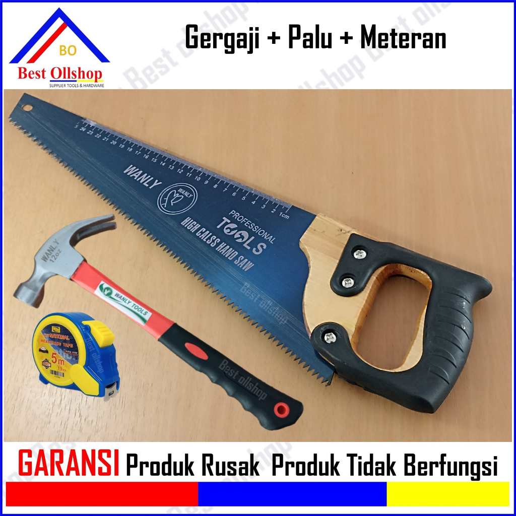 1 Paket Meteran Auto Stop 5 Meter Palu Kambing Gerigi Magnet Gagang Fiber 12 Oz Gergaji Kayu Gagang Kayu Lapis Karet