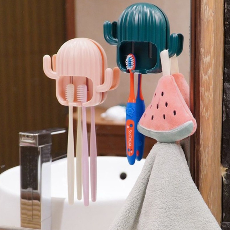 Gantungan Tempel Tempat Sikat Gigi Model Kaktus Toothbrush Holders / Gantungan Tempel Dinding Tempat Sikat Gigi Bentuk Kaktus / Hook Tempat Penyimpanan Gantung Alat Cukur Karet Kuncir Kain Lap Baju Handuk Kunci / Wall Mounted Toothbrush Holder Cactus