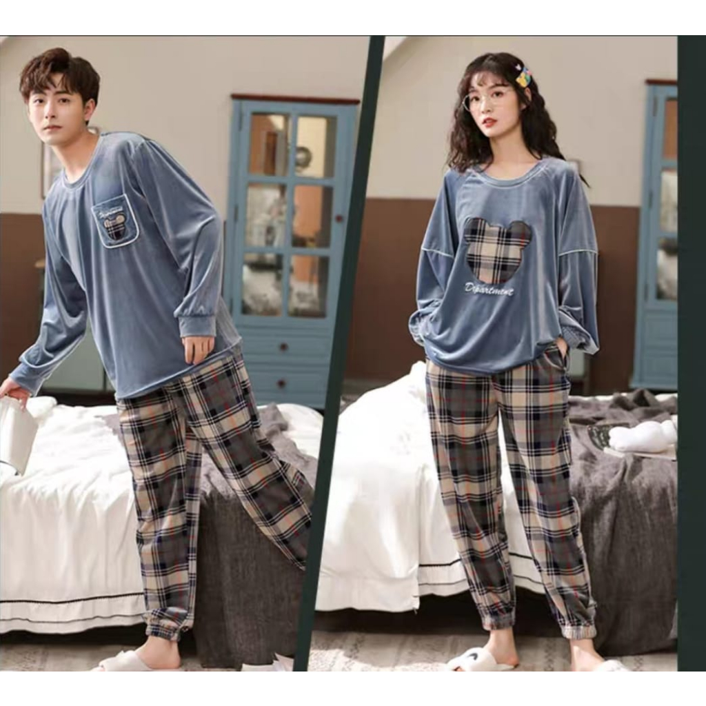 Baju tidur piyama couple lengan panjang celana panjang bahan brudu premium