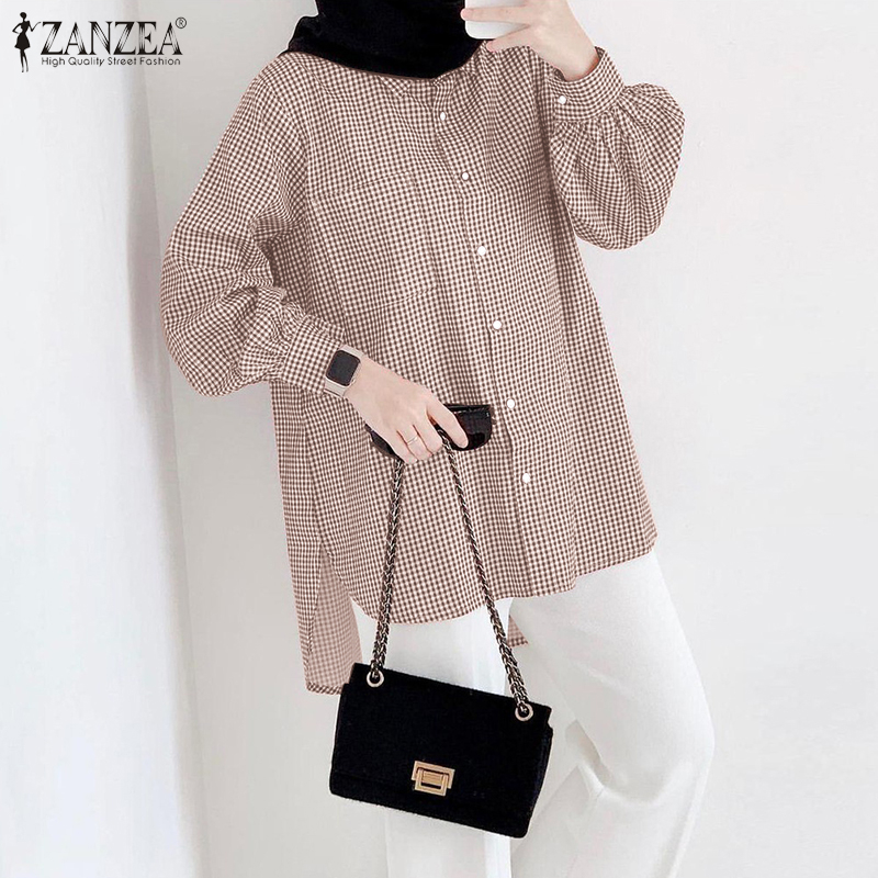 ZANZEA Women Muslim Casual Long Sleeve Button Up Check Formal Lapel Blouse