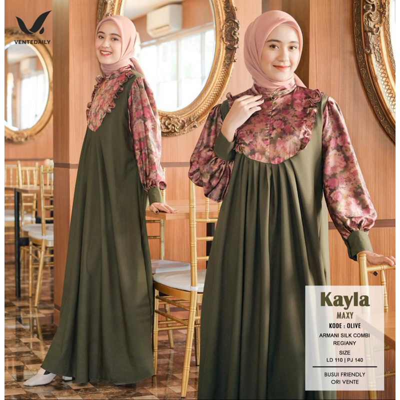 READY Kayla maxy by VENTE ORIGINAL BERLABEL (maxi gamis dress polos mix motif bahan armani silk combi regiany)